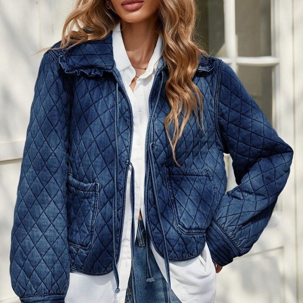 Navy Blue Casual Women's Cropped Denim Puffer Jacket
